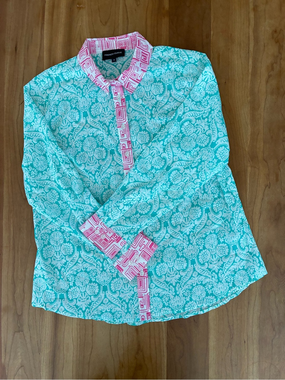 French Curve Cotton Paisley Blouse Turquoise Pink Roll Tab Sleeve Size Medium